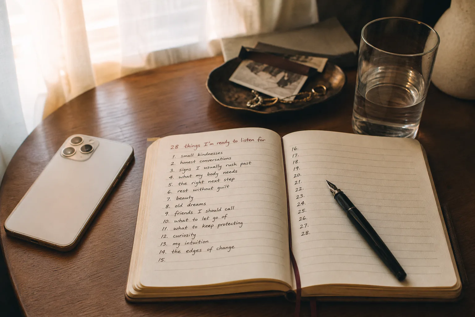 Notebook and phone beside a quiet morning window