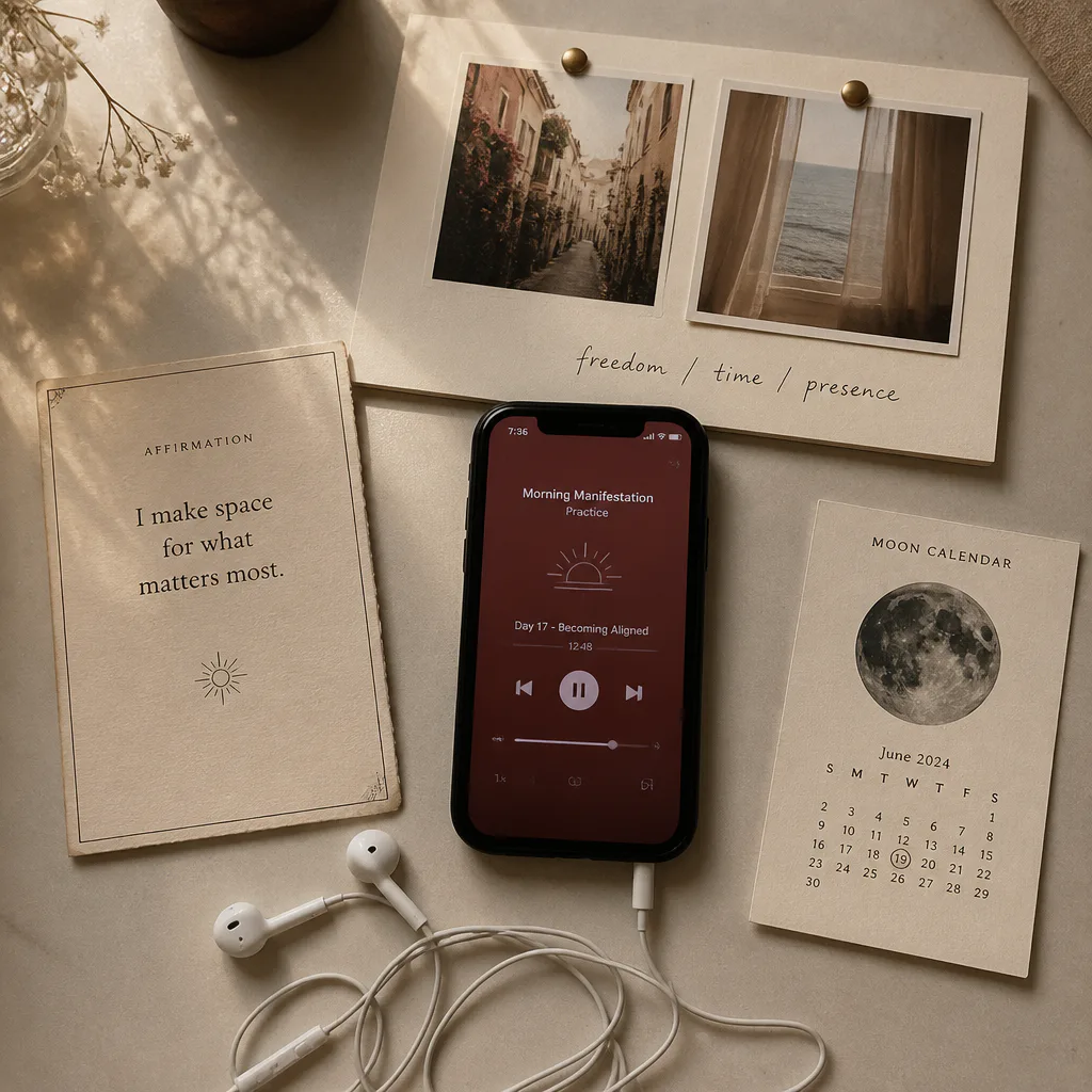Phone with affirmation card and moon calendar