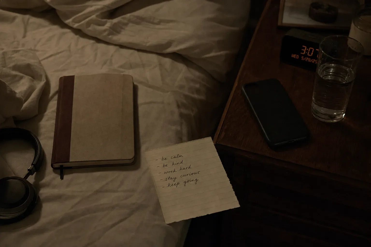 Phone beside bed with soft midnight light