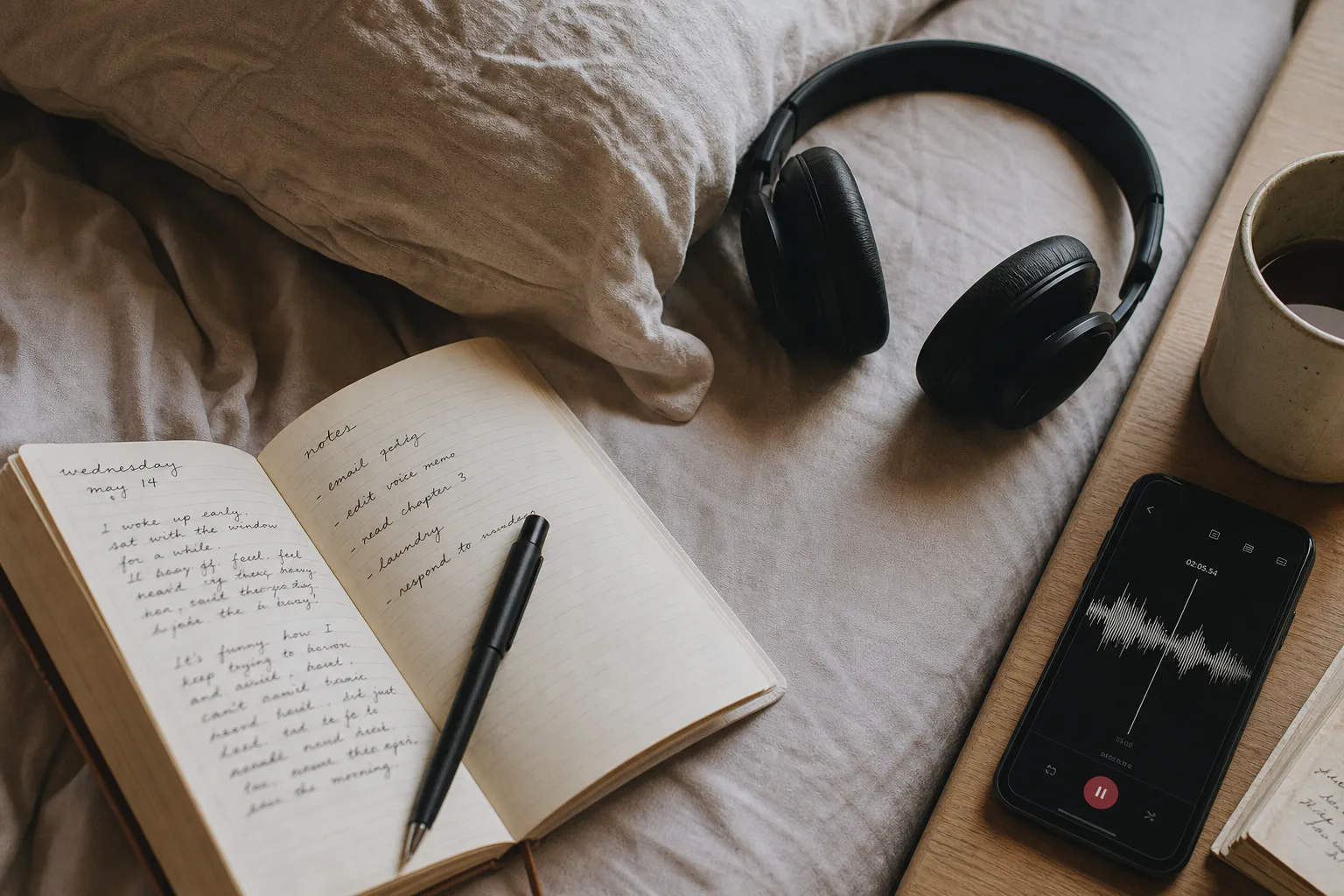 Notebook beside headphones in morning light