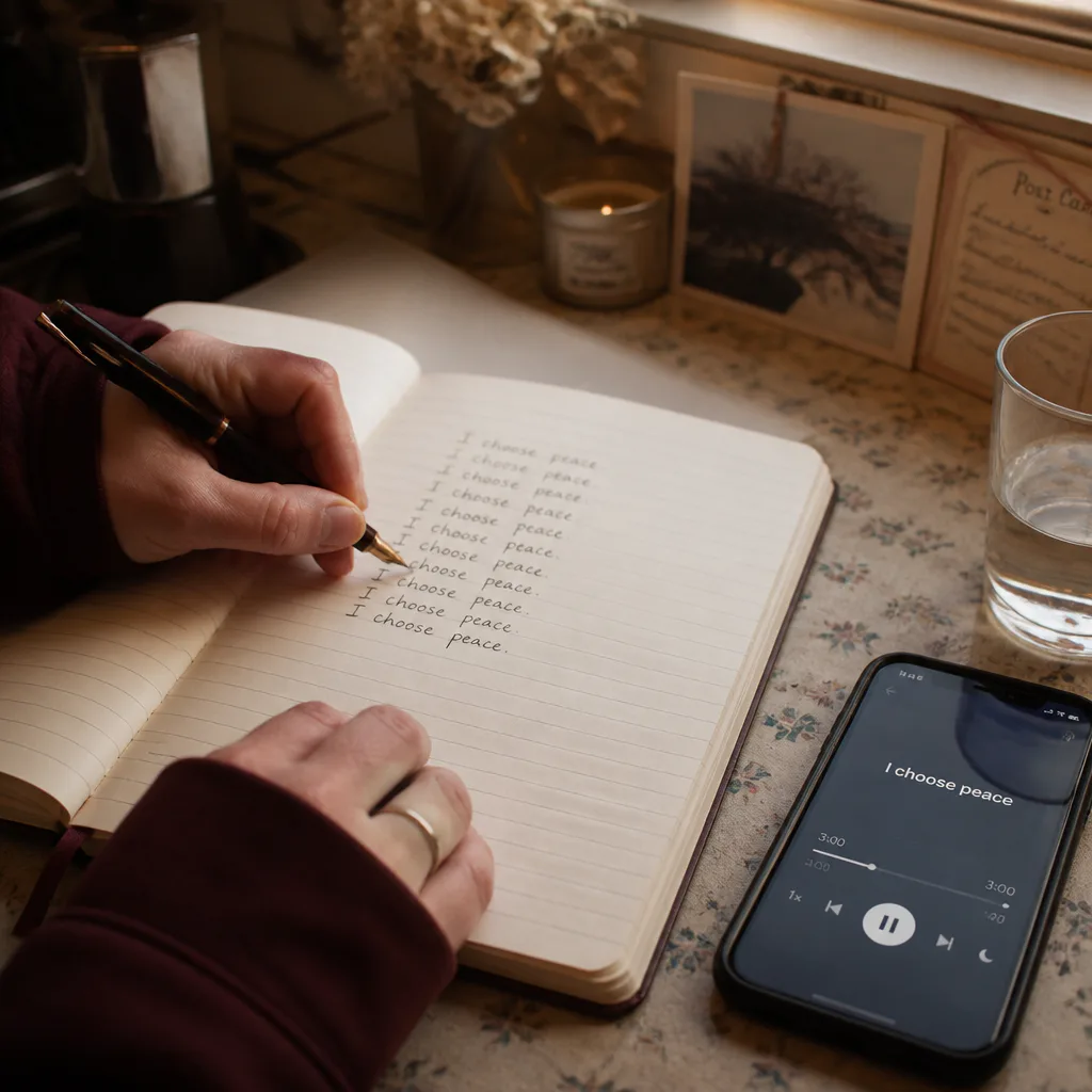 Hands writing beside a short audio track