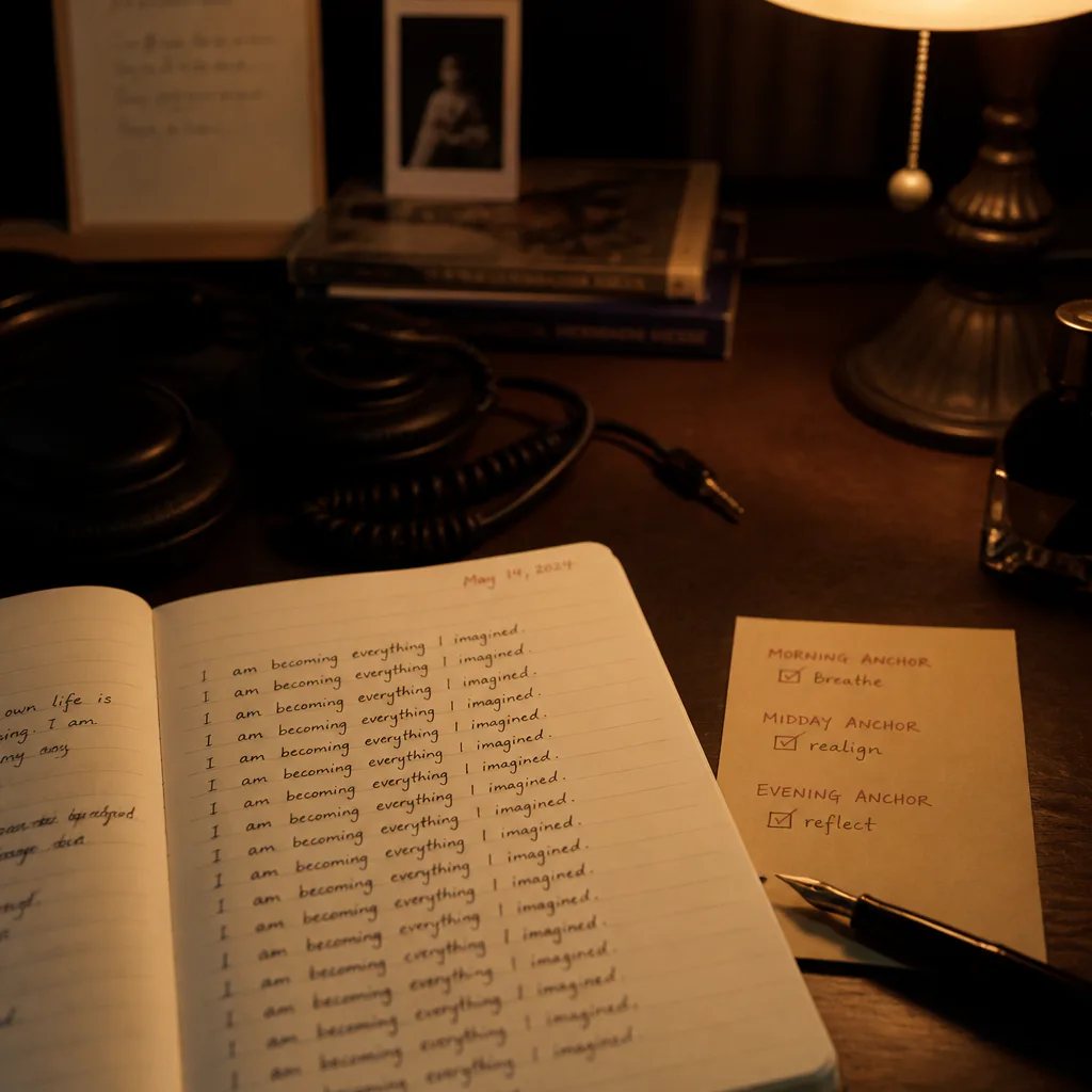 Evening notebook with repeated manifestation sentence