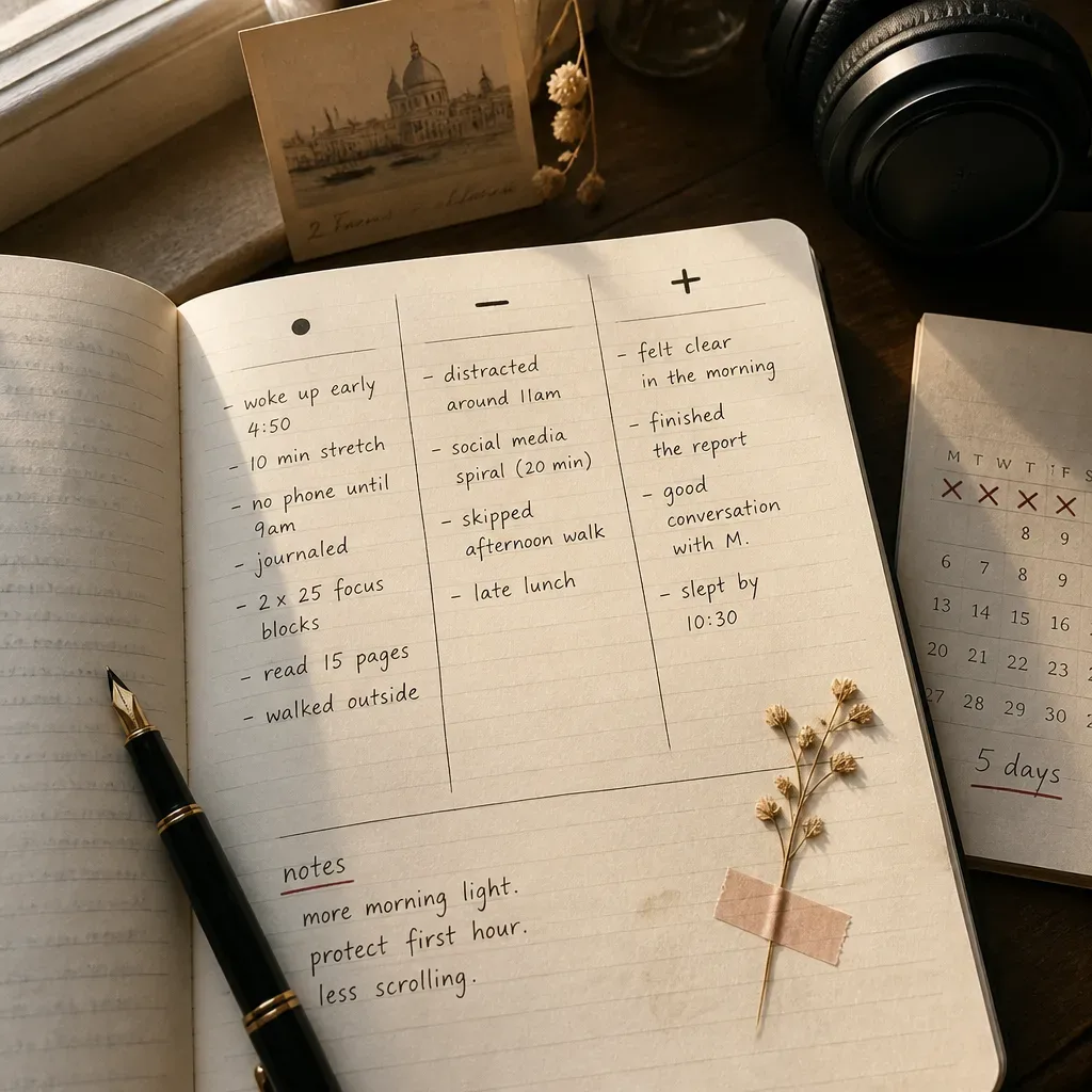 Fünf-Tage-Review im Notizbuch mit Kopfhörern daneben