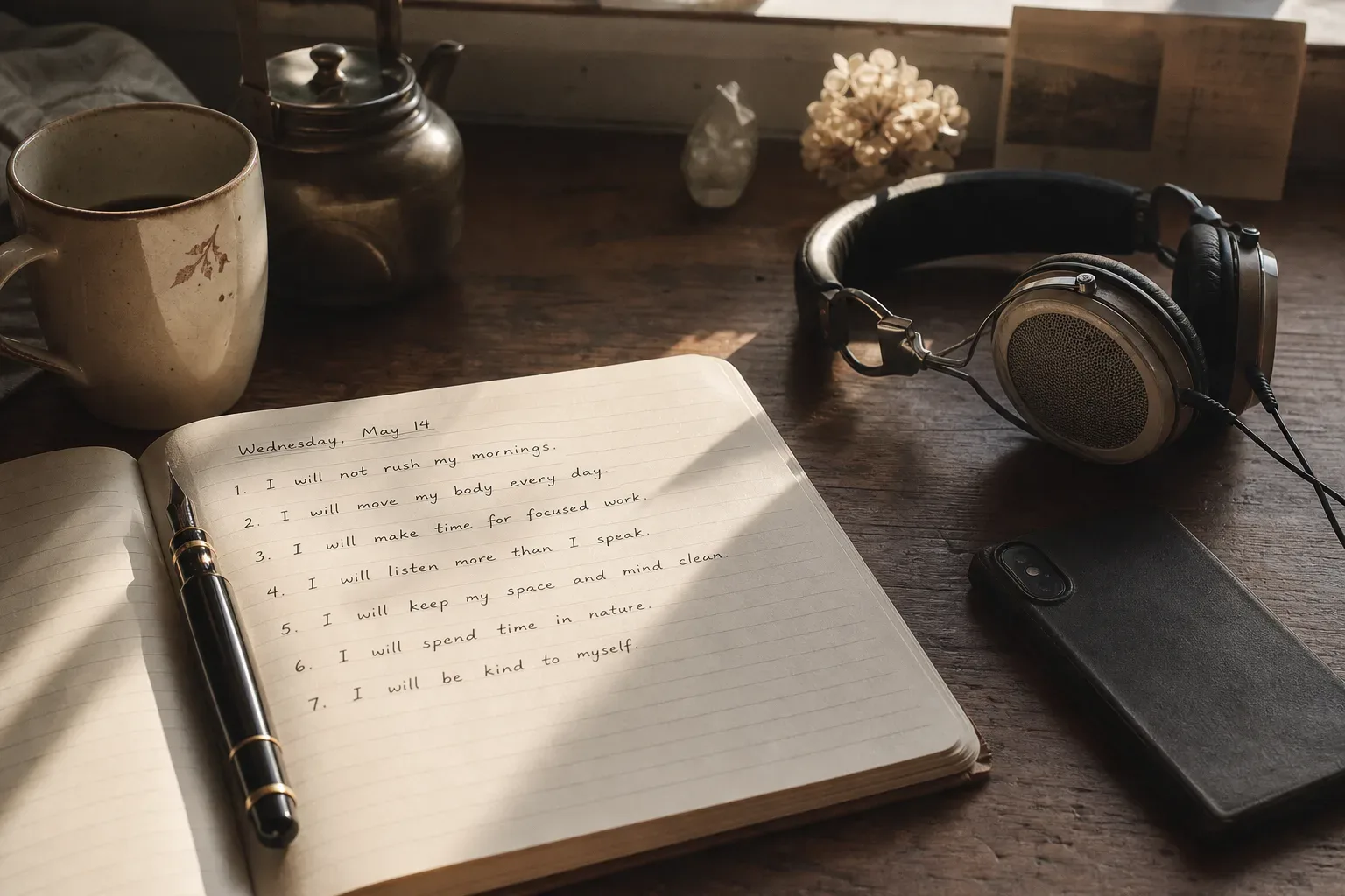 Notebook, headphones, and kettle on a morning table