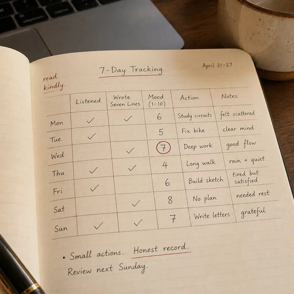 Seven-day manifestation tracker with mood and action notes