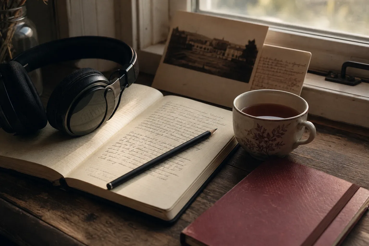 Headphones beside a notebook and morning light