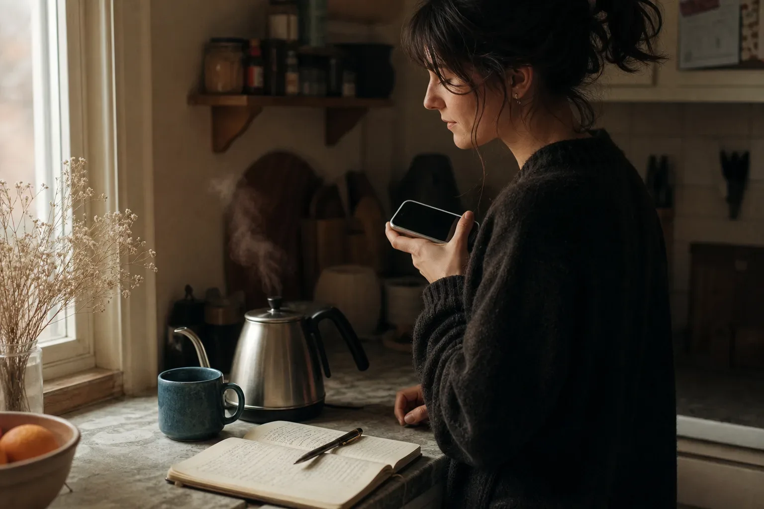 Woman listening to audio beside a morning kettle