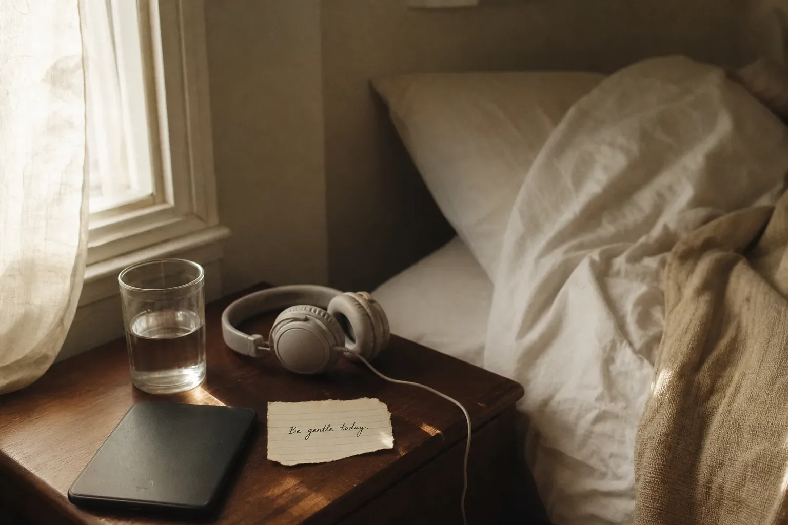 Quiet bedside table with phone and morning light