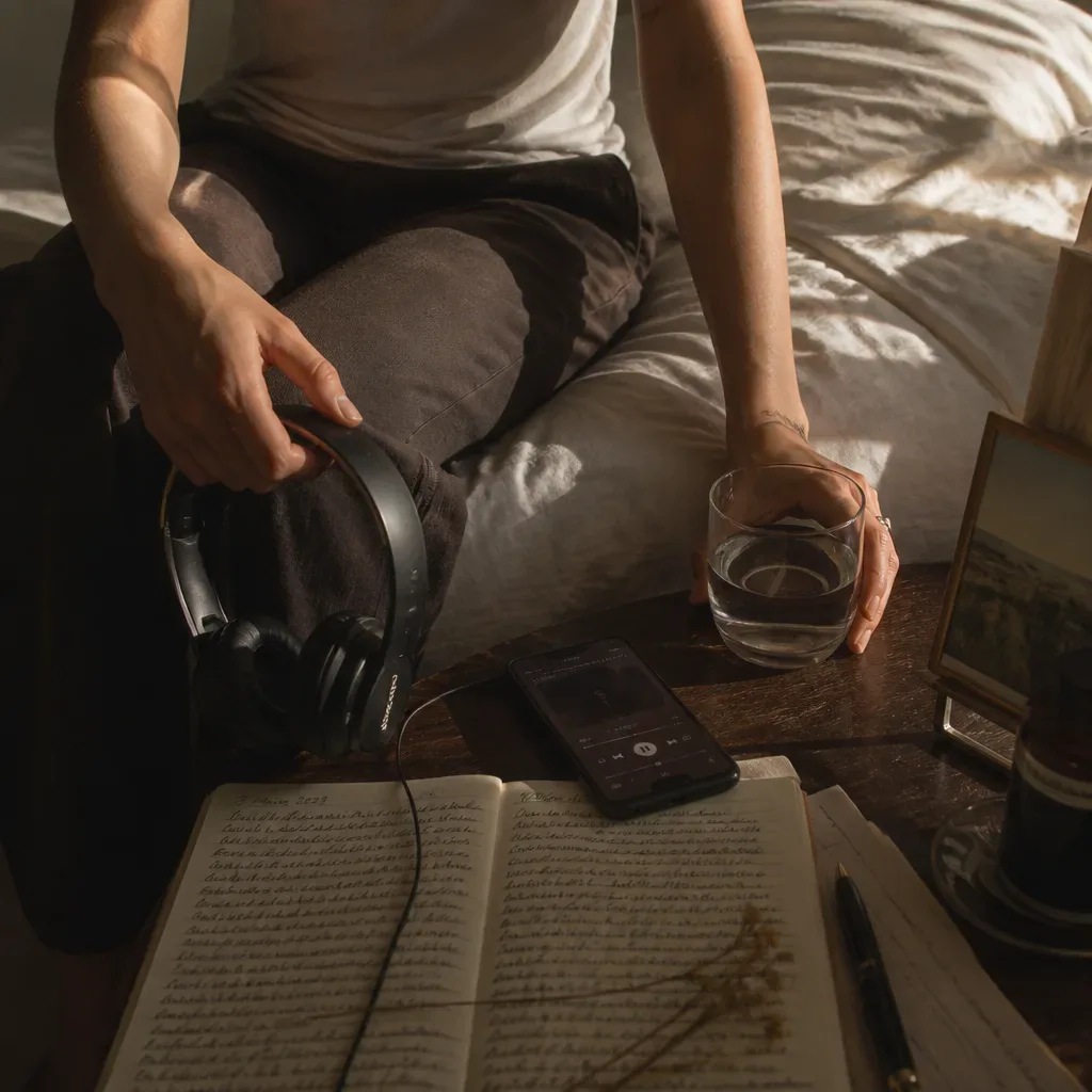 Person sitting with headphones at morning bedside