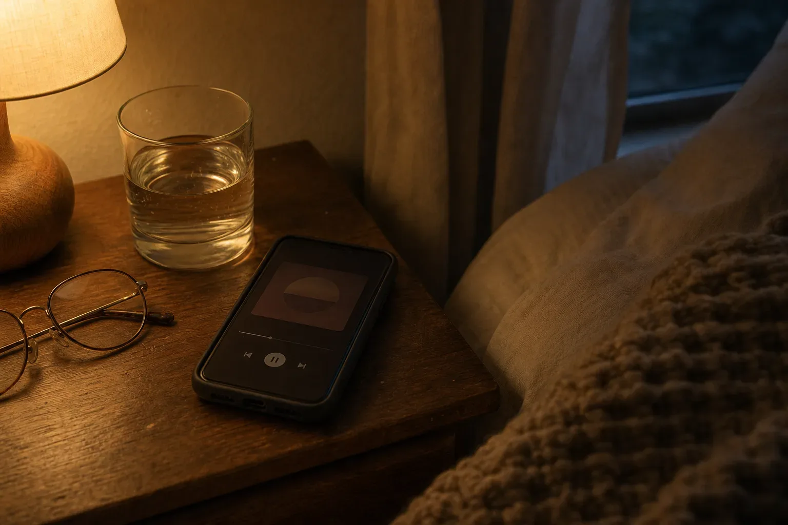 Handy am Bett spielt nachts leises Audio ab