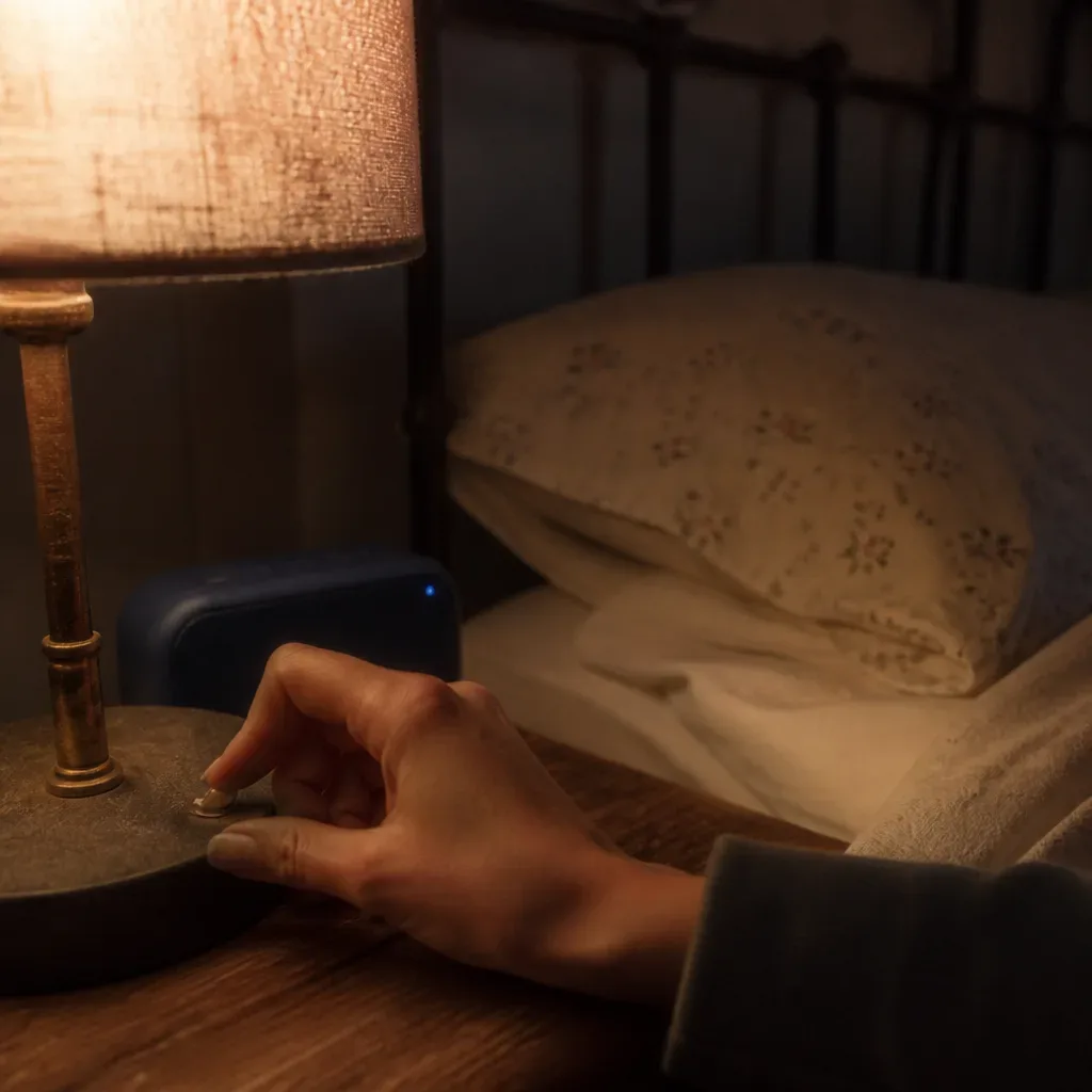 Hand schaltet Nachttischlampe vor dem Audio aus