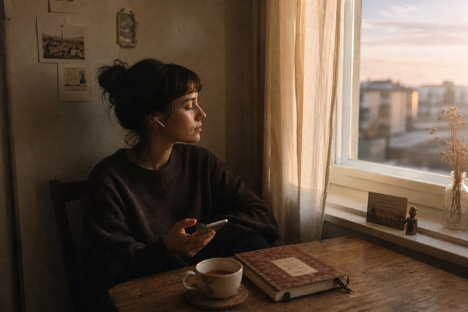 Person listening to audio beside a quiet window