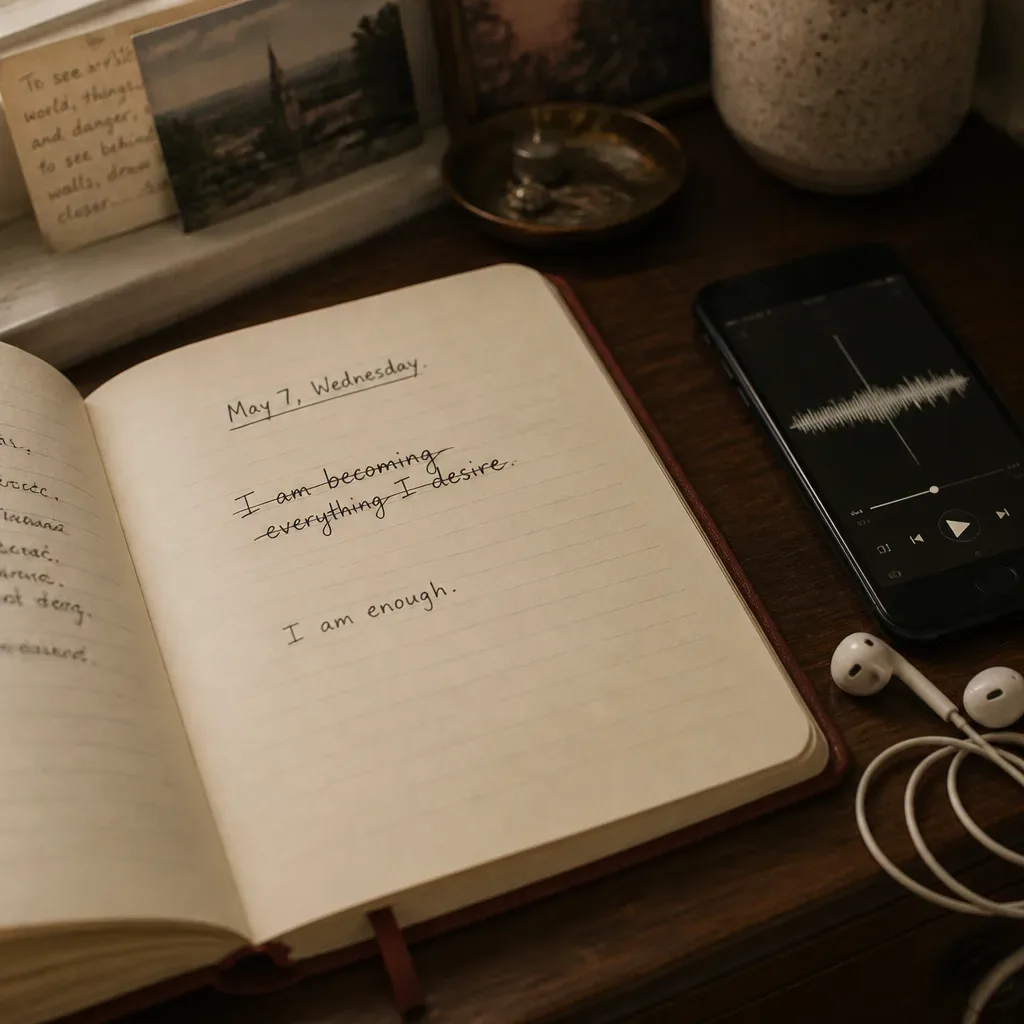 Notebook with revised affirmation beside audio recording