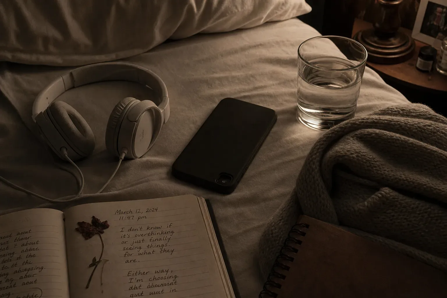 Phone beside headphones on a quiet bedside table