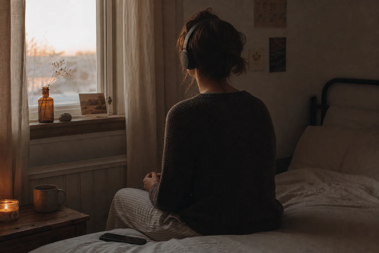 Person listening quietly beside a dim morning window