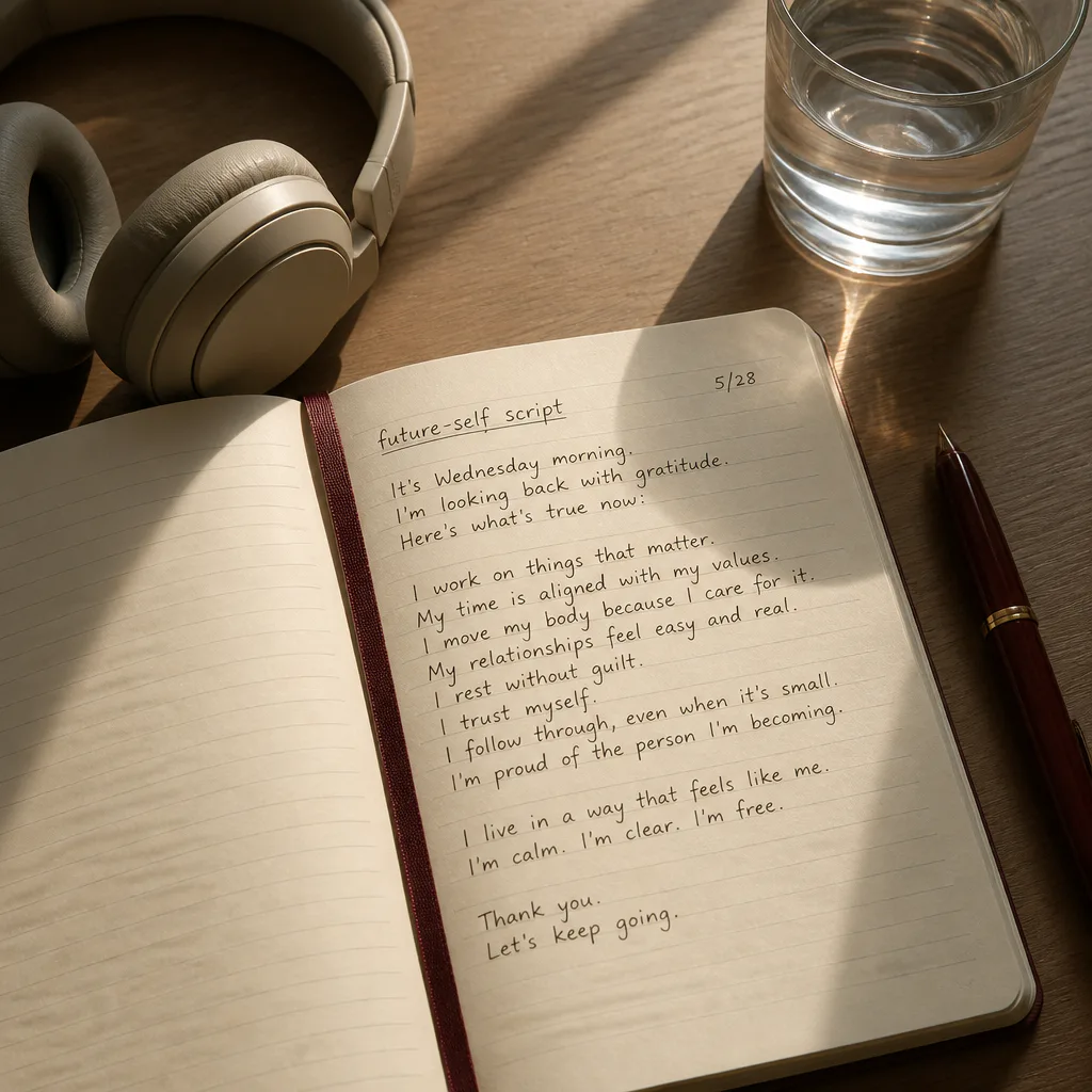 Notebook and headphones prepared for audio manifestation