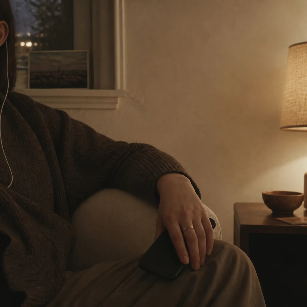 Person listening quietly beside a dim lamp