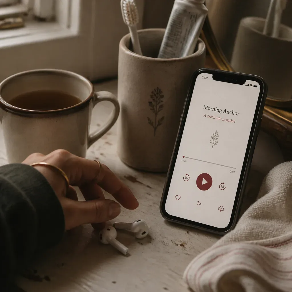 Phone audio beside mug and morning cue