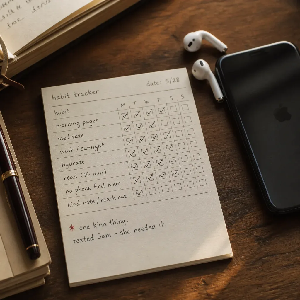 Seven day tracker with earbuds and pen