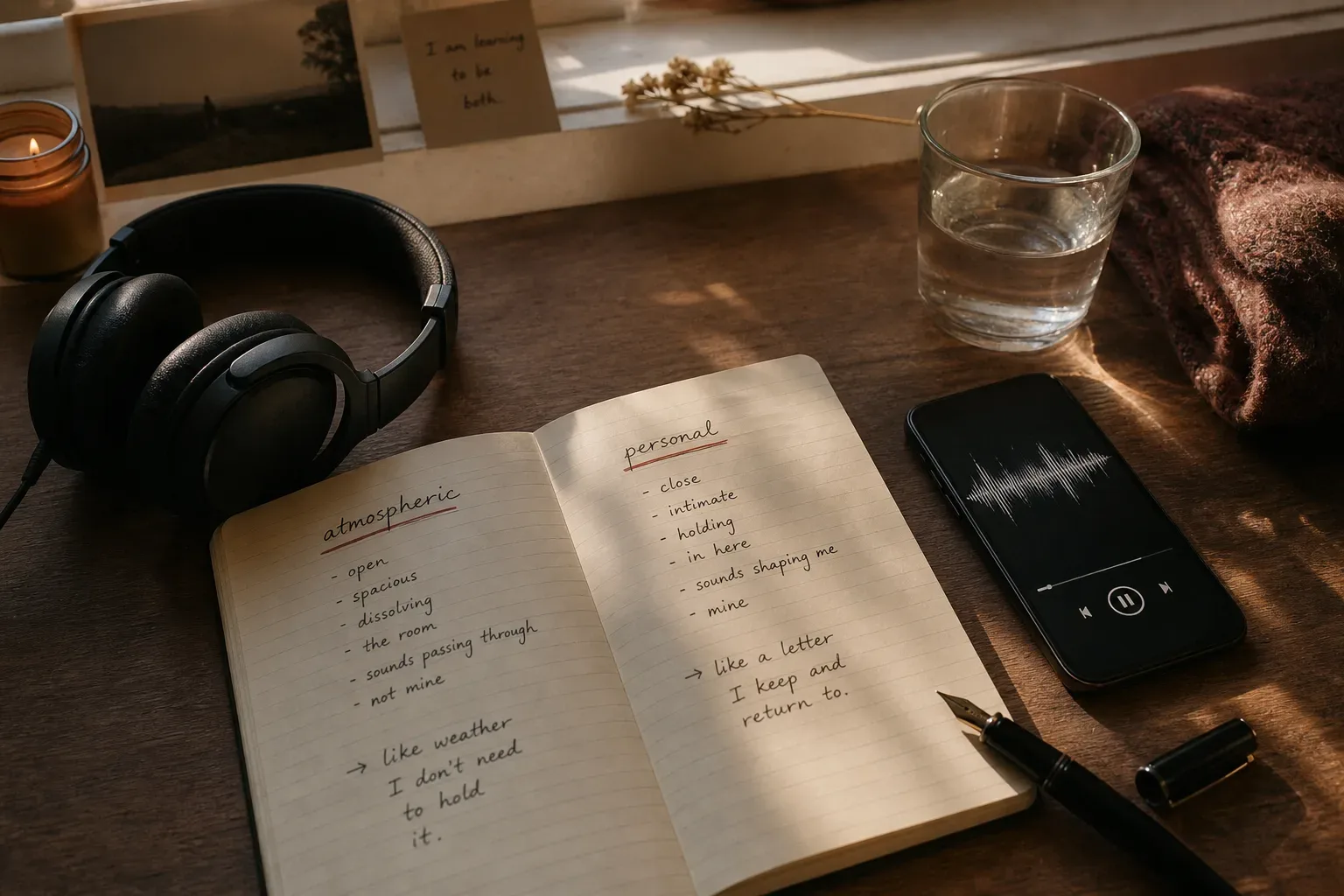 Headphones beside a notebook in soft morning light
