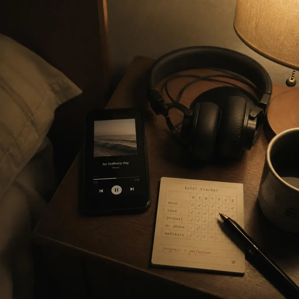 Nightstand with headphones and a small habit tracker