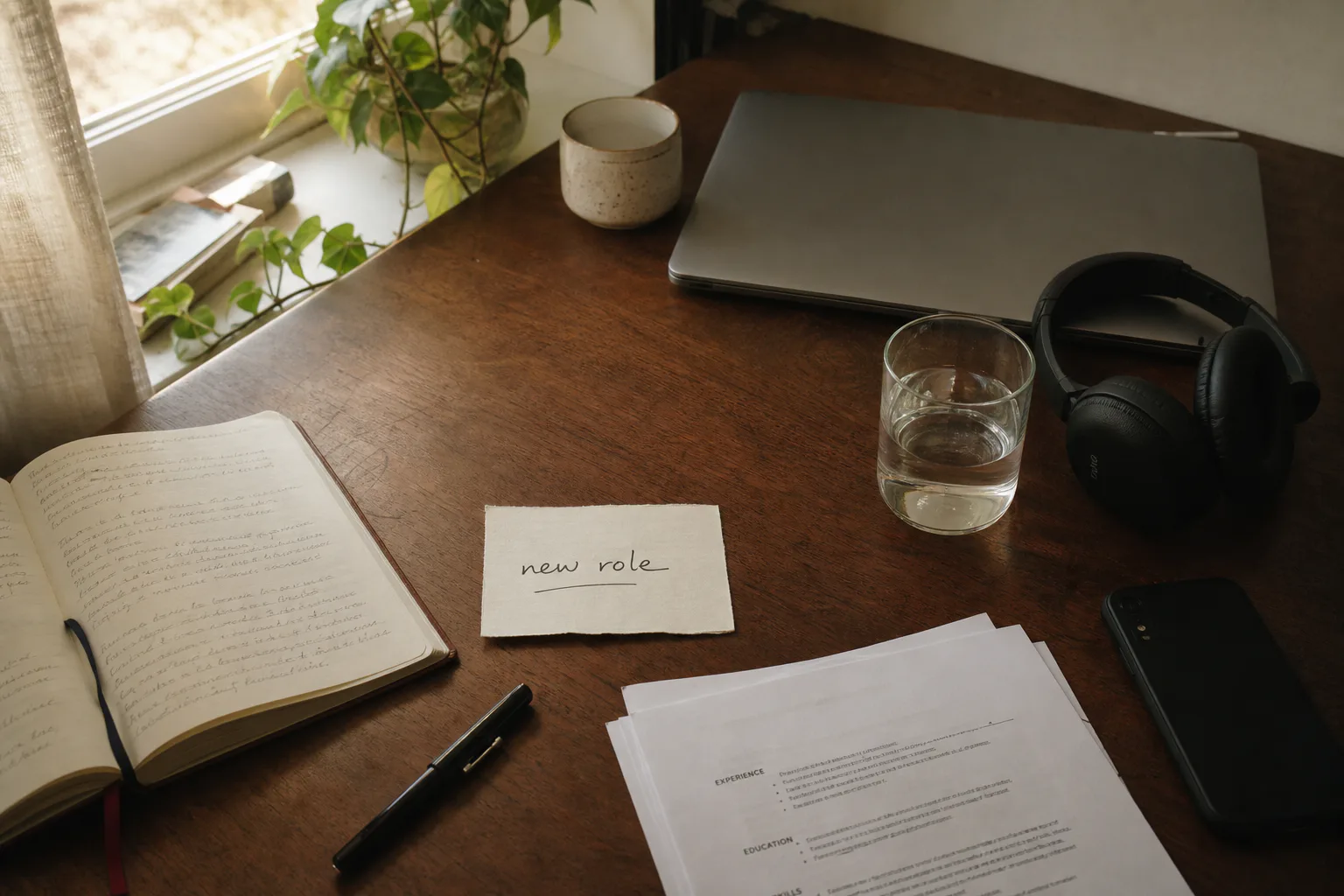 Quiet desk with headphones and a handwritten role note