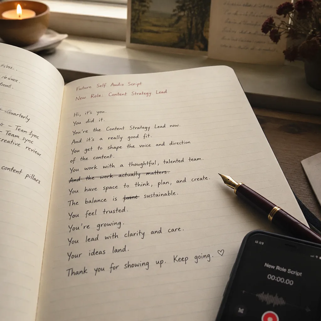 Notebook script beside phone voice memo screen