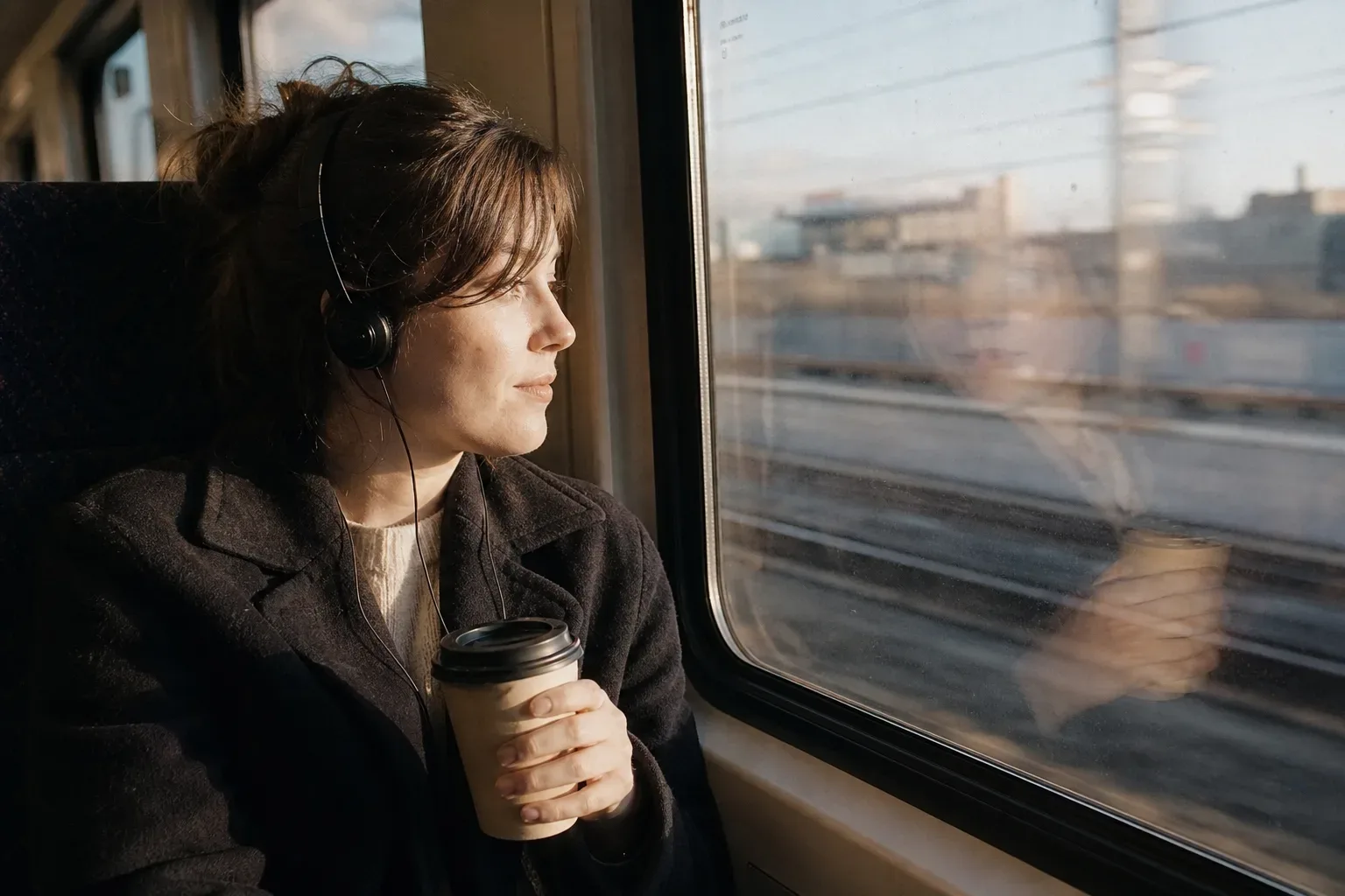Commuter listening quietly on a morning train
