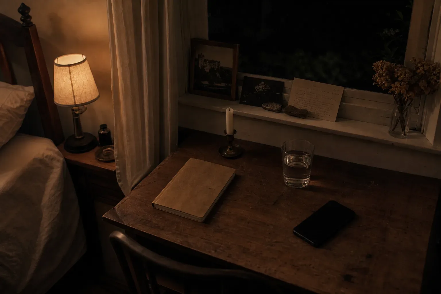 Candlelit notebook beneath a dark moon window