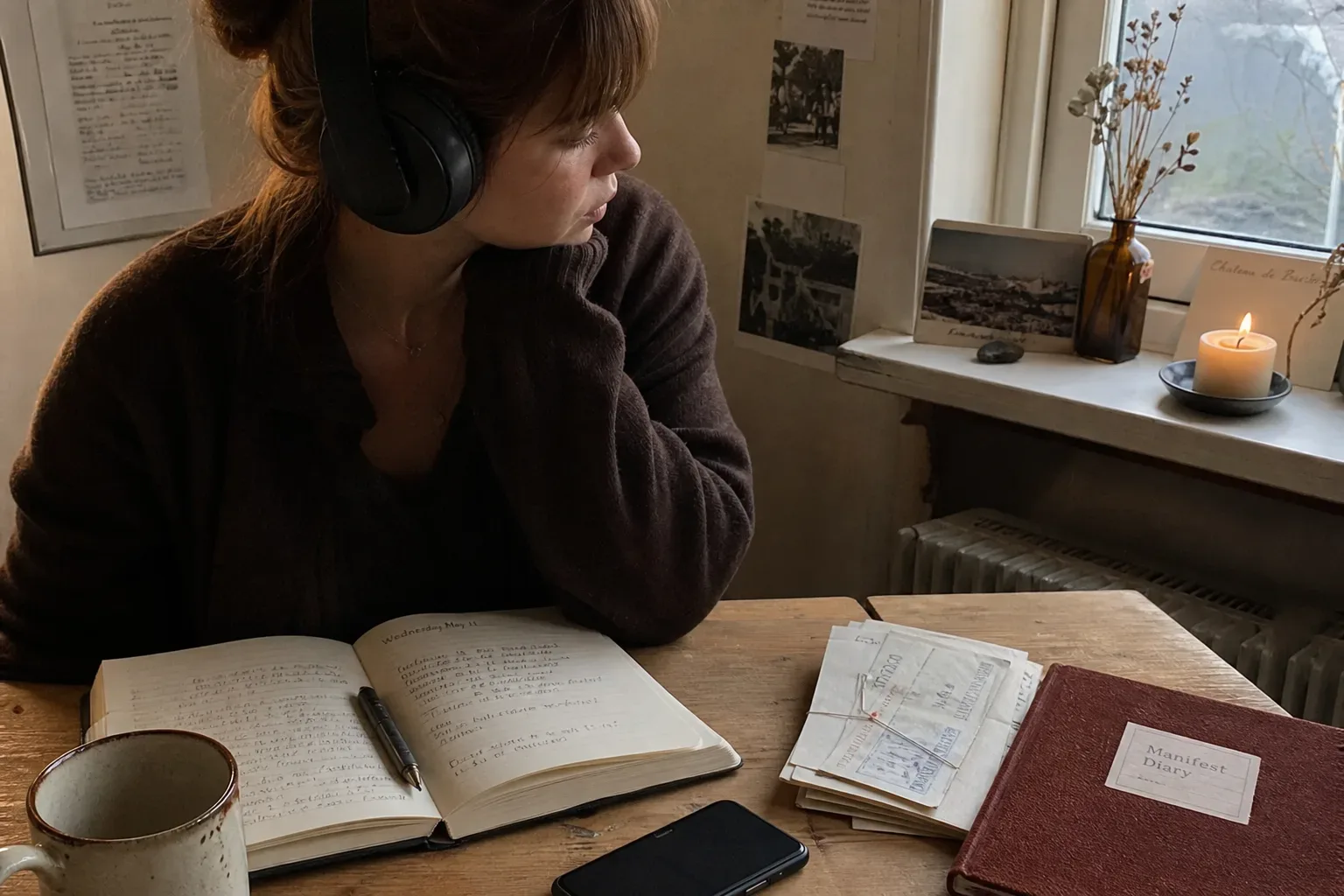 Person listening quietly beside bills and morning light