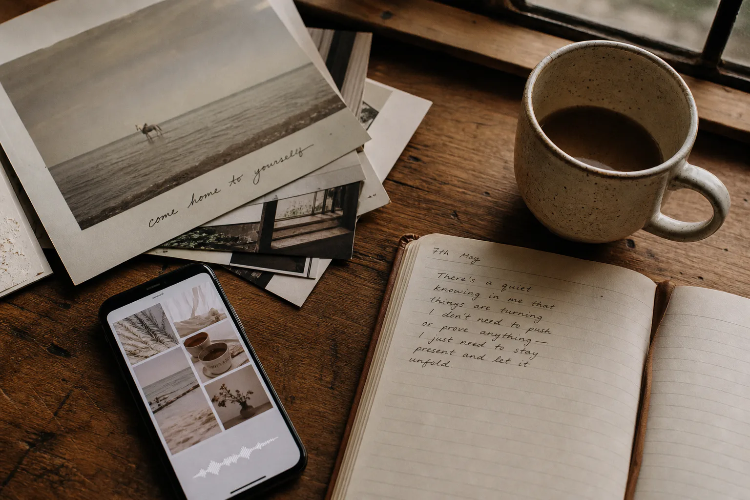 Phone beside quiet vision board images