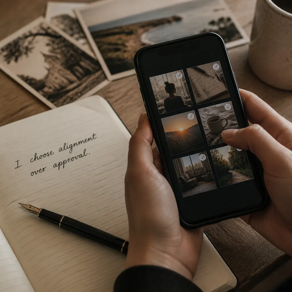 Hands choosing images for a digital board