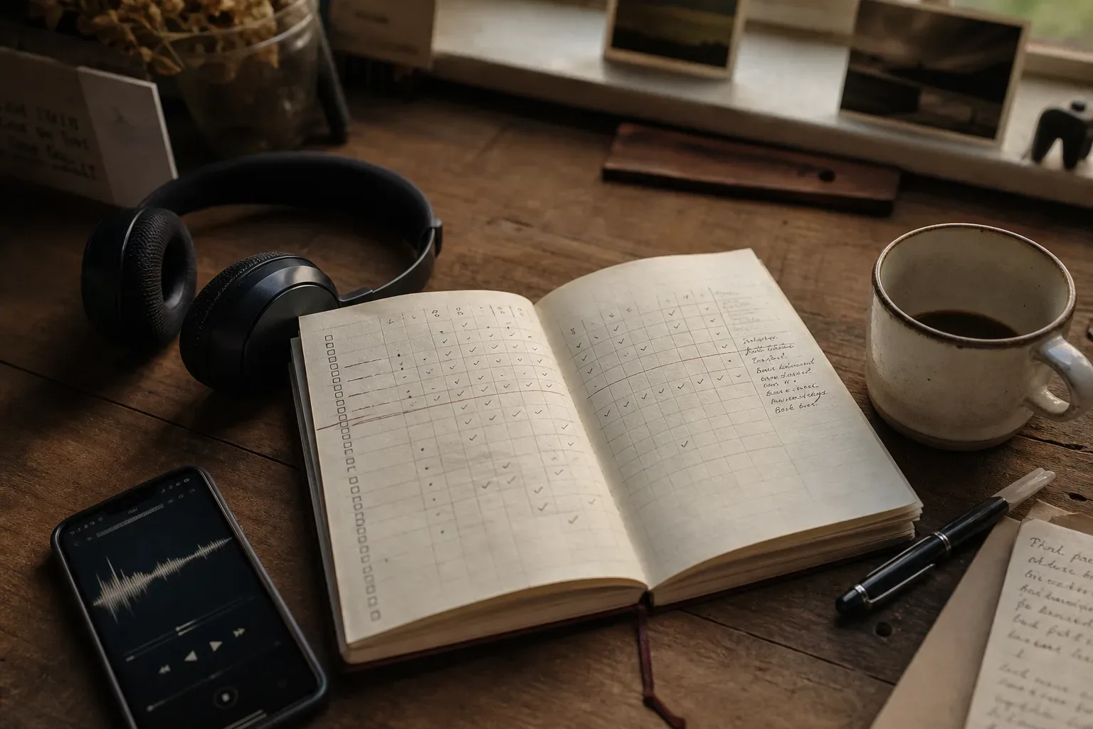 Notizbuch, Kopfhörer und Kaffee auf einem Morgenschreibtisch
