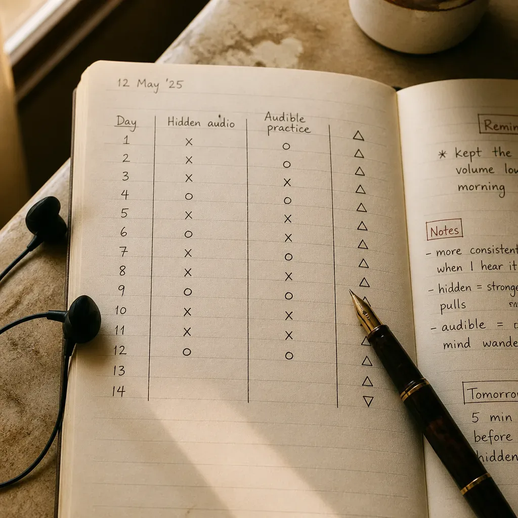 Notizbuch mit Tracking der Audio-Praxis neben Ohrhörern
