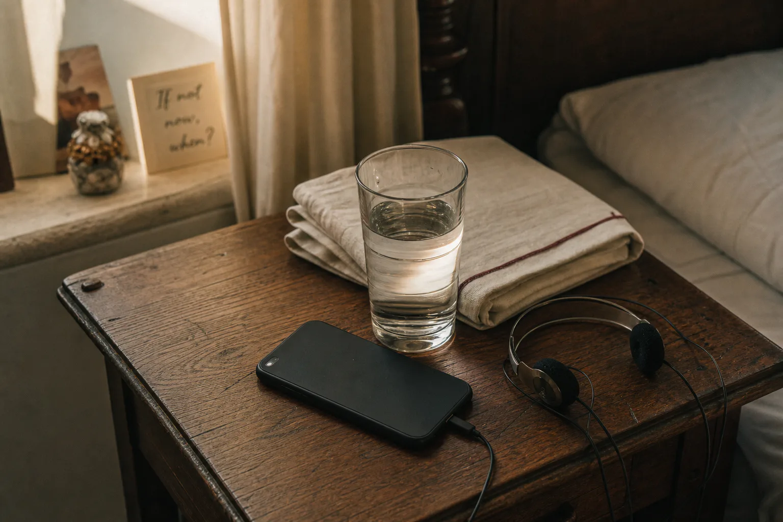 Quiet bedside phone with headphones at dawn