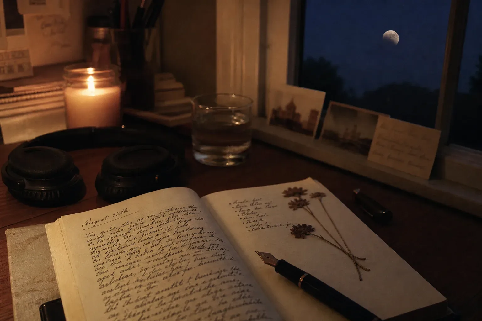 Candlelit journal beside headphones during an eclipse