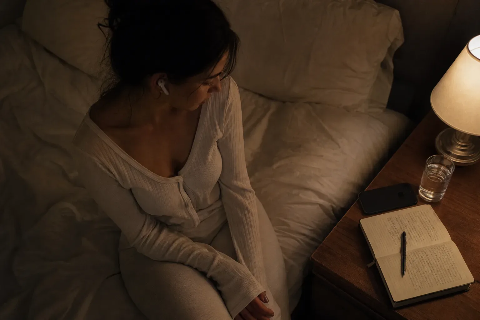 Woman listening quietly beside a dim bedside lamp
