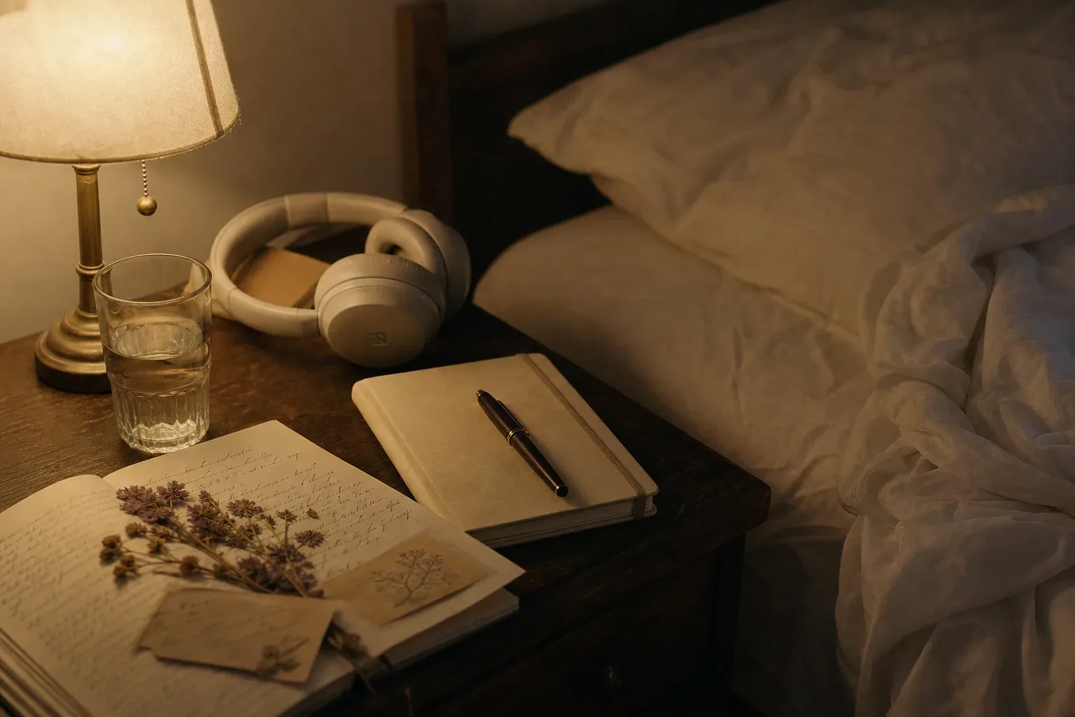 Quiet bedside table with headphones and notebook
