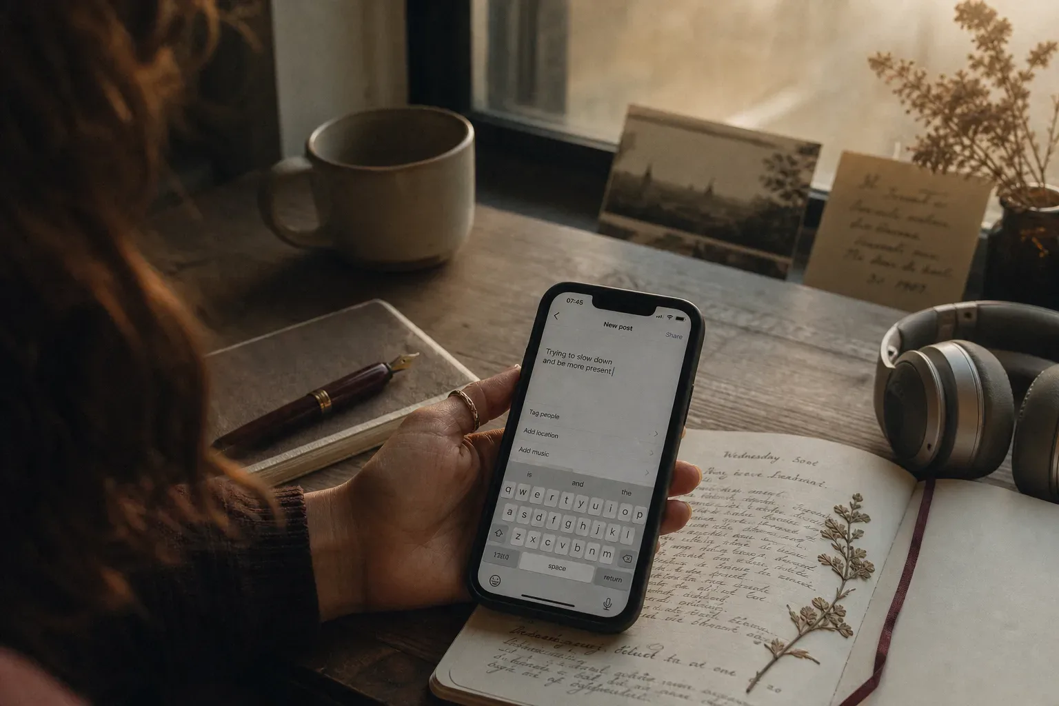 Person holding phone beside a quiet morning window