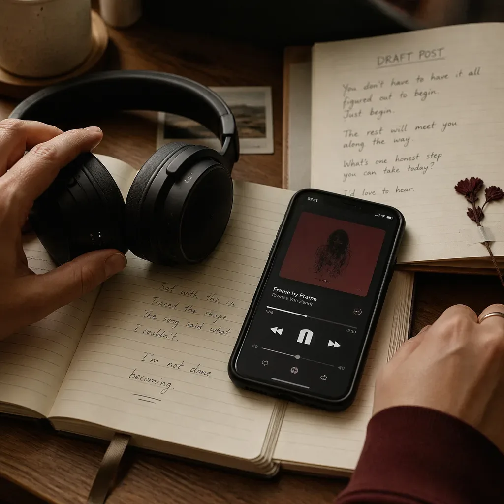 Headphones beside phone with open audio player