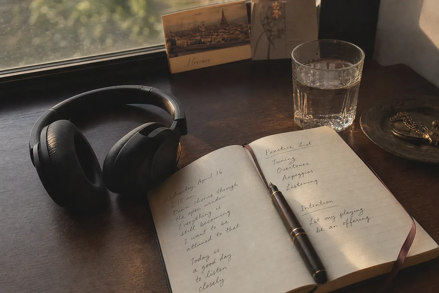 Headphones beside a notebook in soft morning light