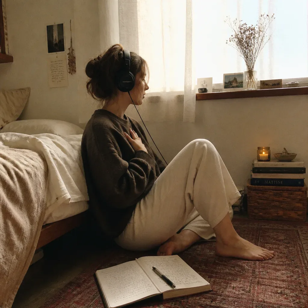Person listening to future-self audio on the floor
