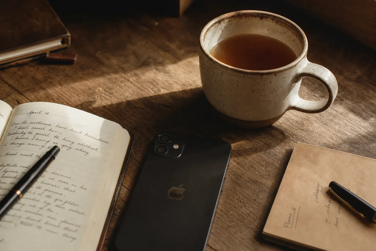 Phone beside tea before a quiet bank check