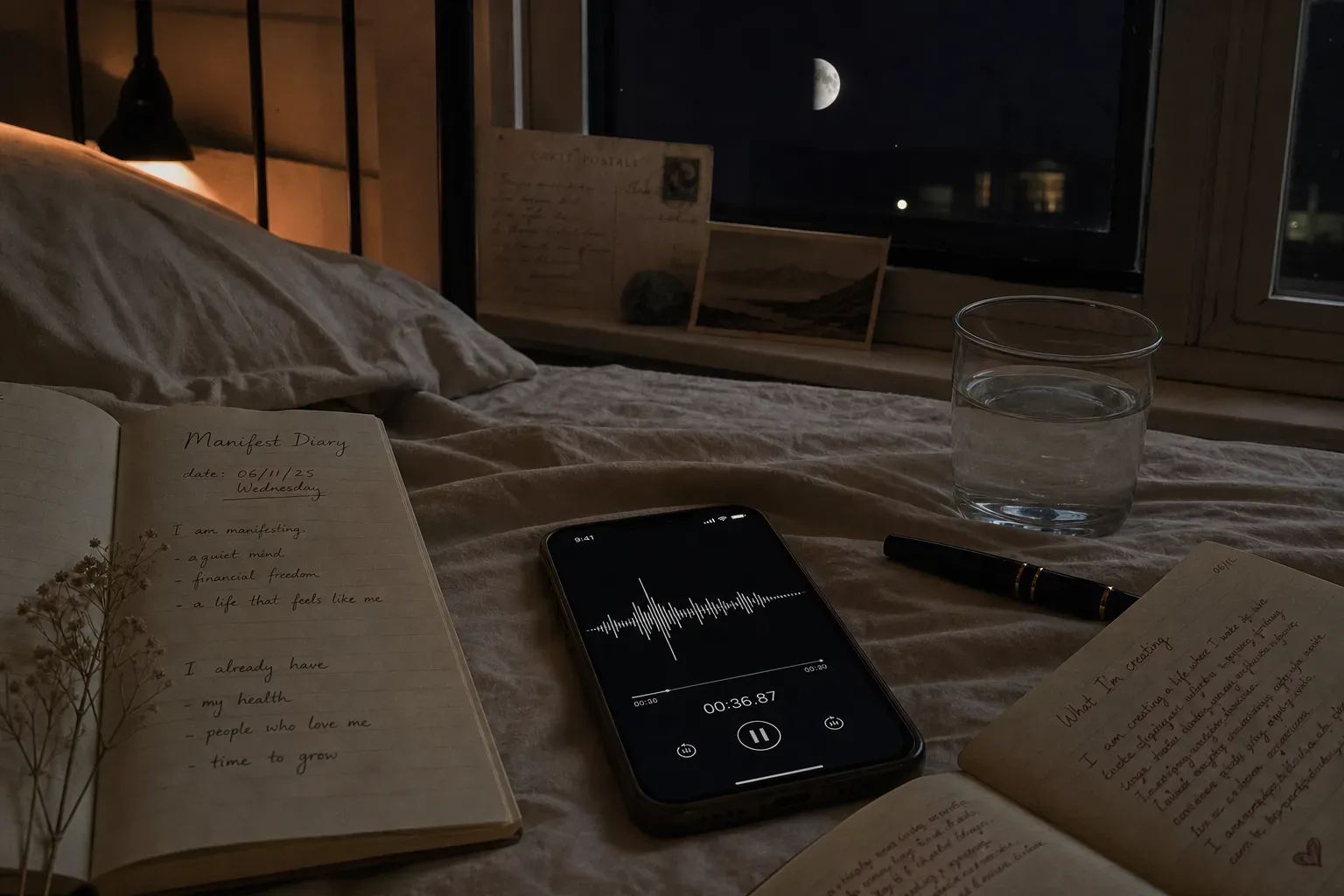 Half-lit moon above a quiet bedside audio ritual