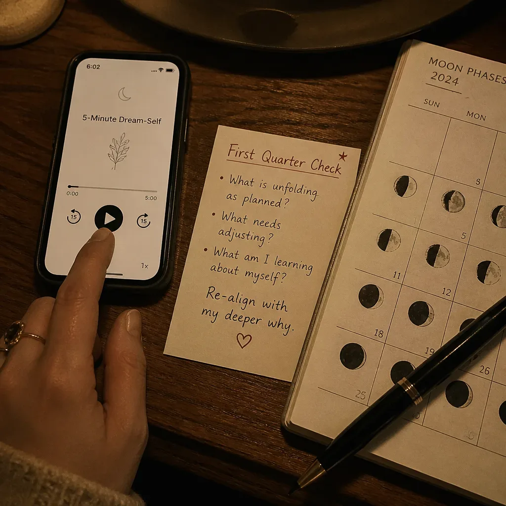 Hand starts a Dream-Self audio beside moon notes