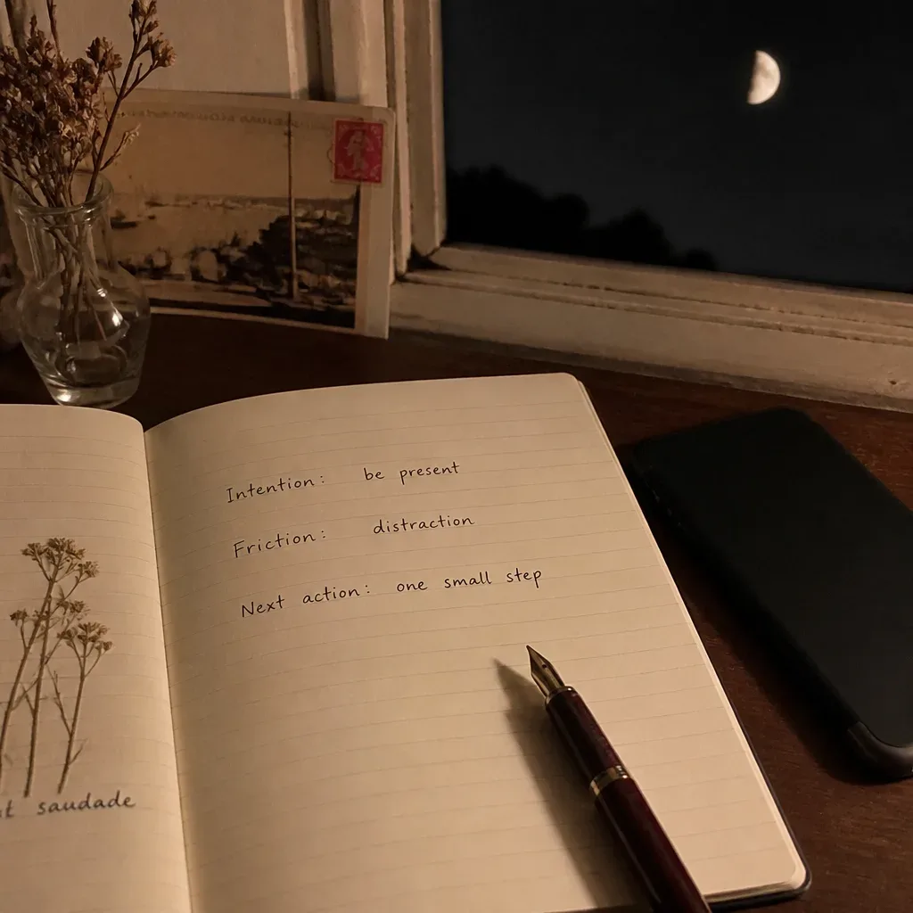 Notebook lists intention friction and one next action