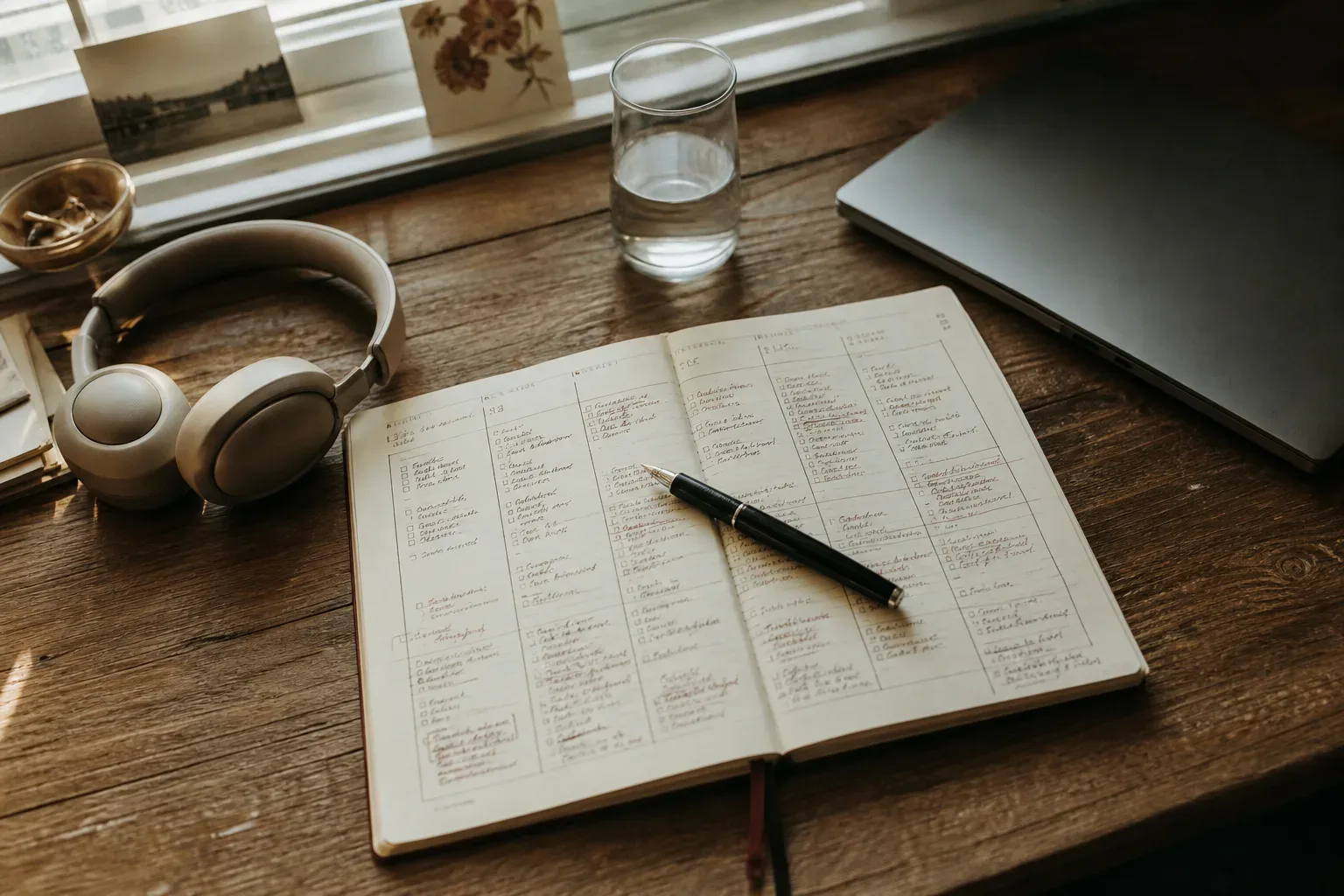Escritorio tranquilo con audífonos junto a una agenda llena