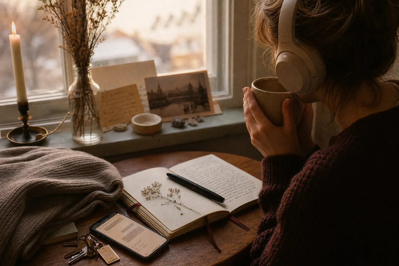 Person listening by a window before meeting friends