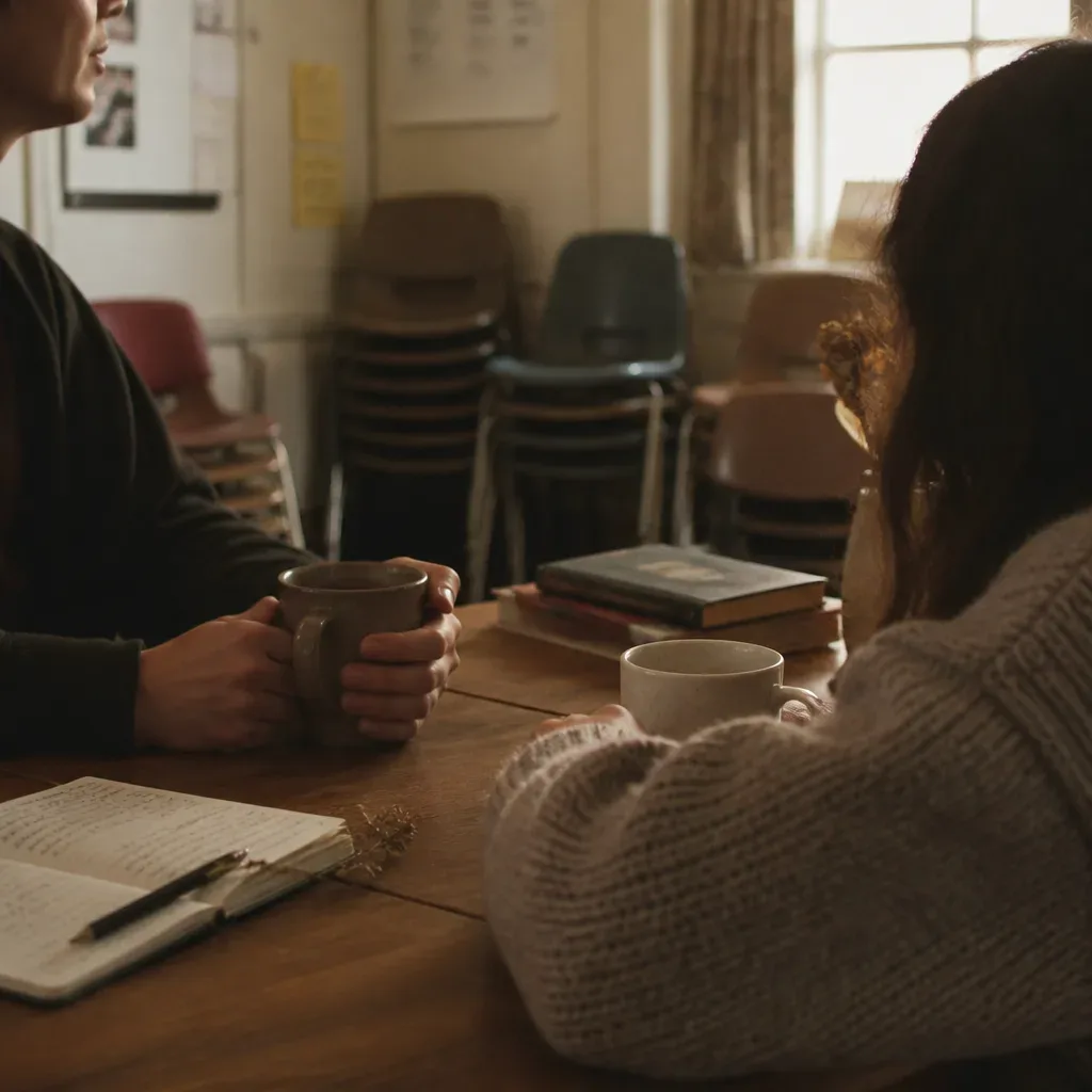 Two people talking after a small gathering