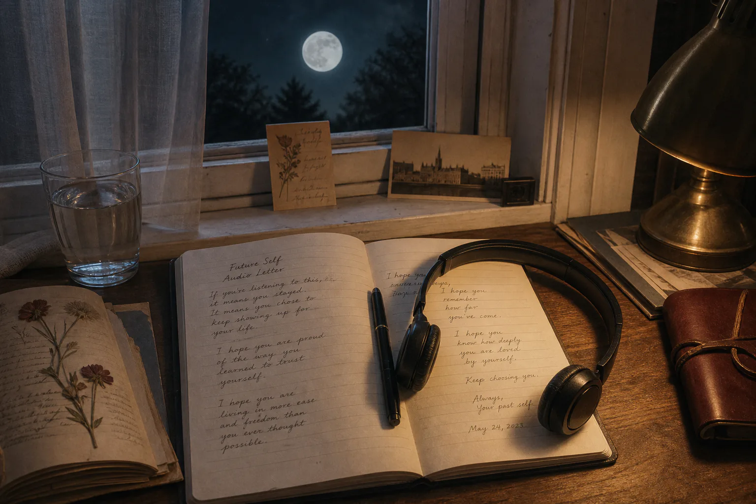 Moonlit desk with journal, water, and headphones